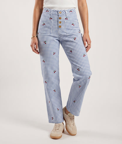 Pantalon Cerica à carreaux broderies cerises bleu face