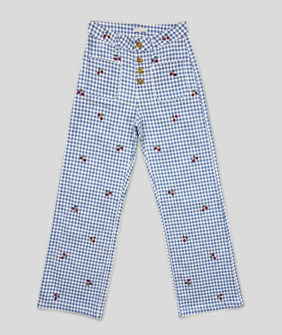 Pantalon Cerica à carreaux broderies cerises bleu face