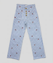 Pantalon Cerica à carreaux broderies cerises bleu face