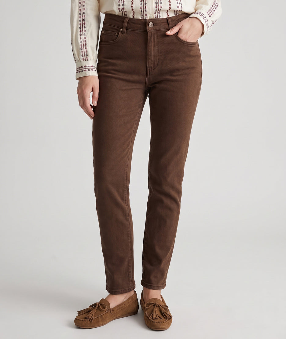 Pantalon slim femme Clea marron taille haute en coton stretch