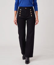 Pantalon wide leg noir taille haute femme avec boutons dorés sur le devant