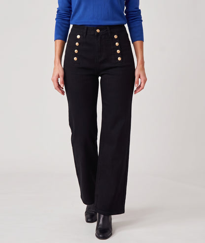 Pantalon wide leg noir taille haute femme avec boutons dorés sur le devant