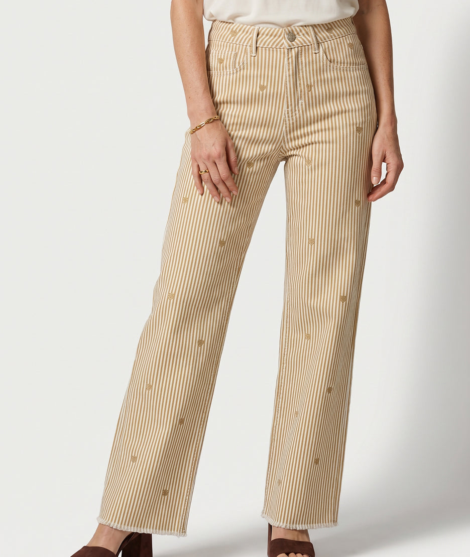 Pantalon Rayco wide leg à broderies coeurs beige face