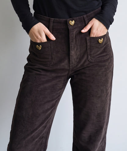 Pantalon en velours côtelé femme choco coupe flare taille haute
