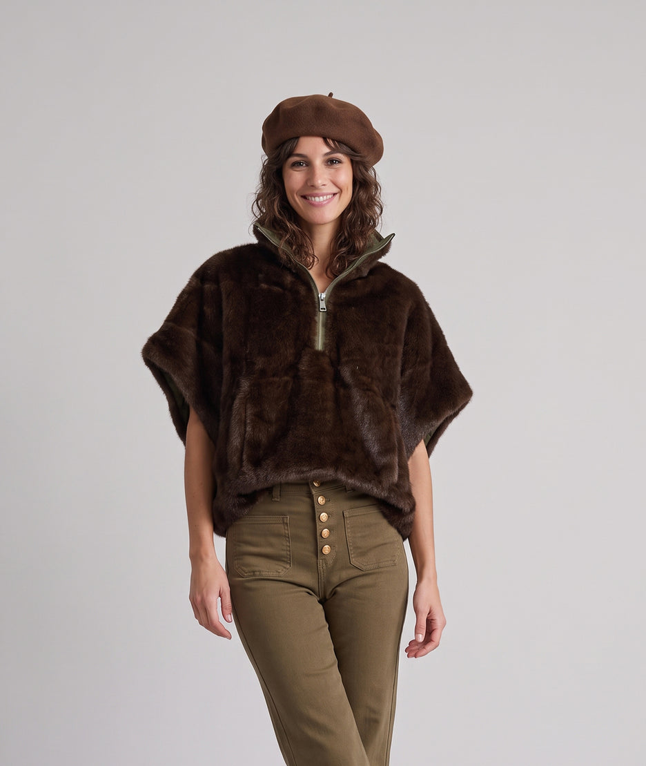 Poncho réversible femme kaki matelassé avec poche kangourou
