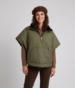 Poncho réversible femme kaki matelassé avec poche kangourou