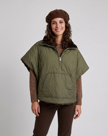 Poncho réversible femme kaki matelassé avec poche kangourou