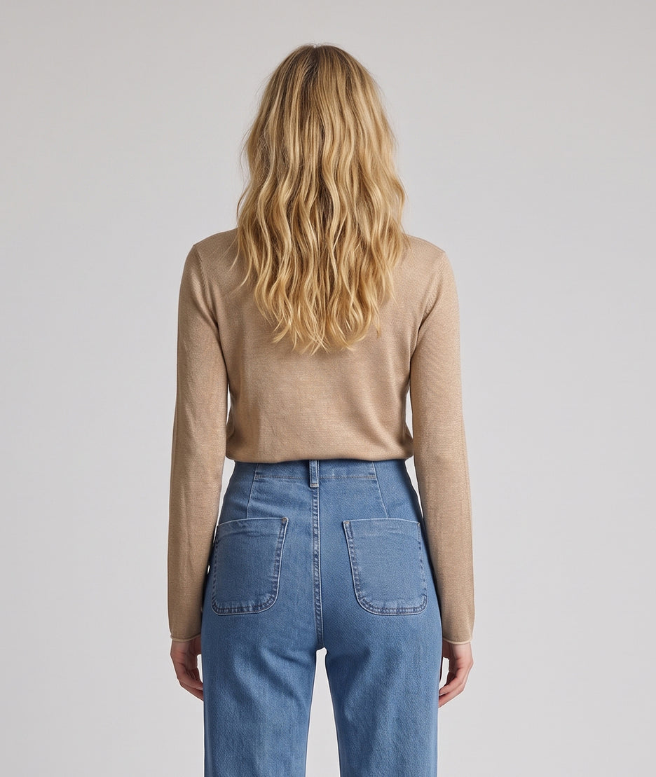 Pull manches longues femme Agile beige en maille fine col V et coupe droite