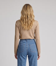Pull manches longues femme Agile beige en maille fine col V et coupe droite