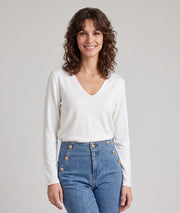 Pull manches longues femme Agile écru en maille fine col V et coupe droite