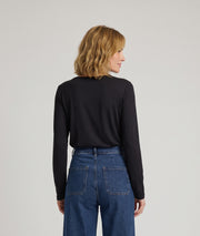 Pull manches longues femme Agile noir  en maille fine col V et coupe droite