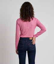 Pull manches longues femme Agile rose en maille fine col V et coupe droite