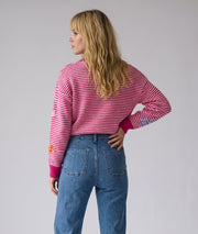 Pull rayé femme fushia à broderies Amour et manches longues