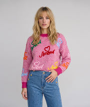 Pull rayé femme fushia à broderies Amour et manches longues