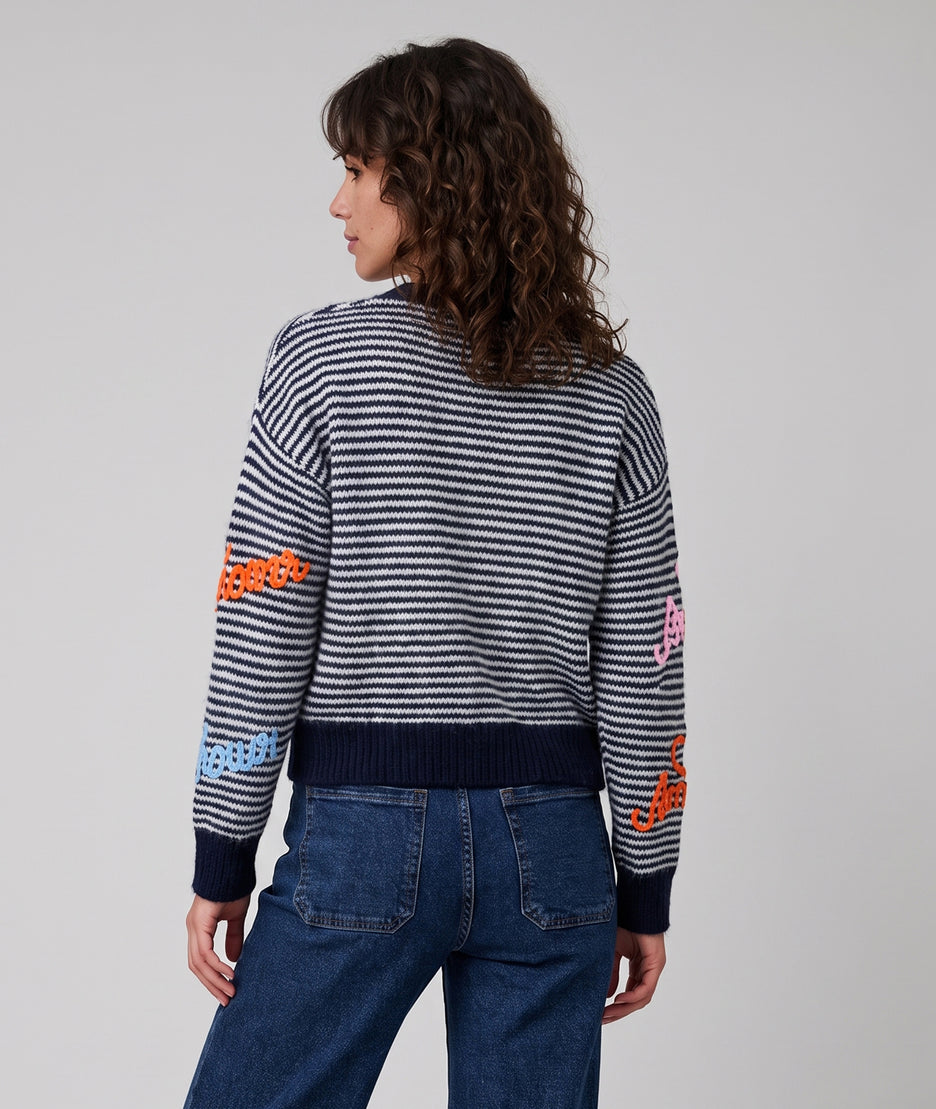 Pull rayé femme marine à broderies Amour et manches longues