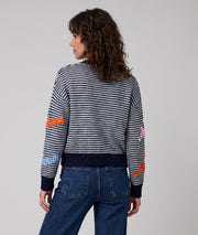 Pull rayé femme marine à broderies Amour et manches longues