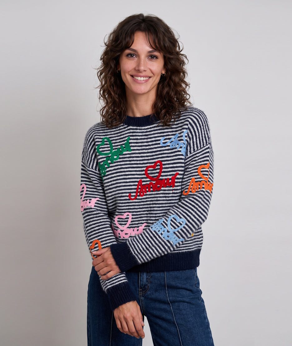 Pull rayé femme marine à broderies Amour et manches longues