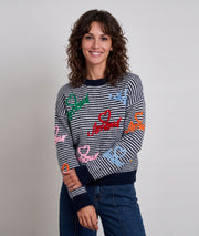 Pull rayé femme marine à broderies Amour et manches longues