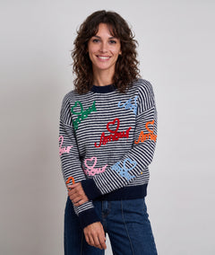 Pull rayé femme marine à broderies Amour et manches longues