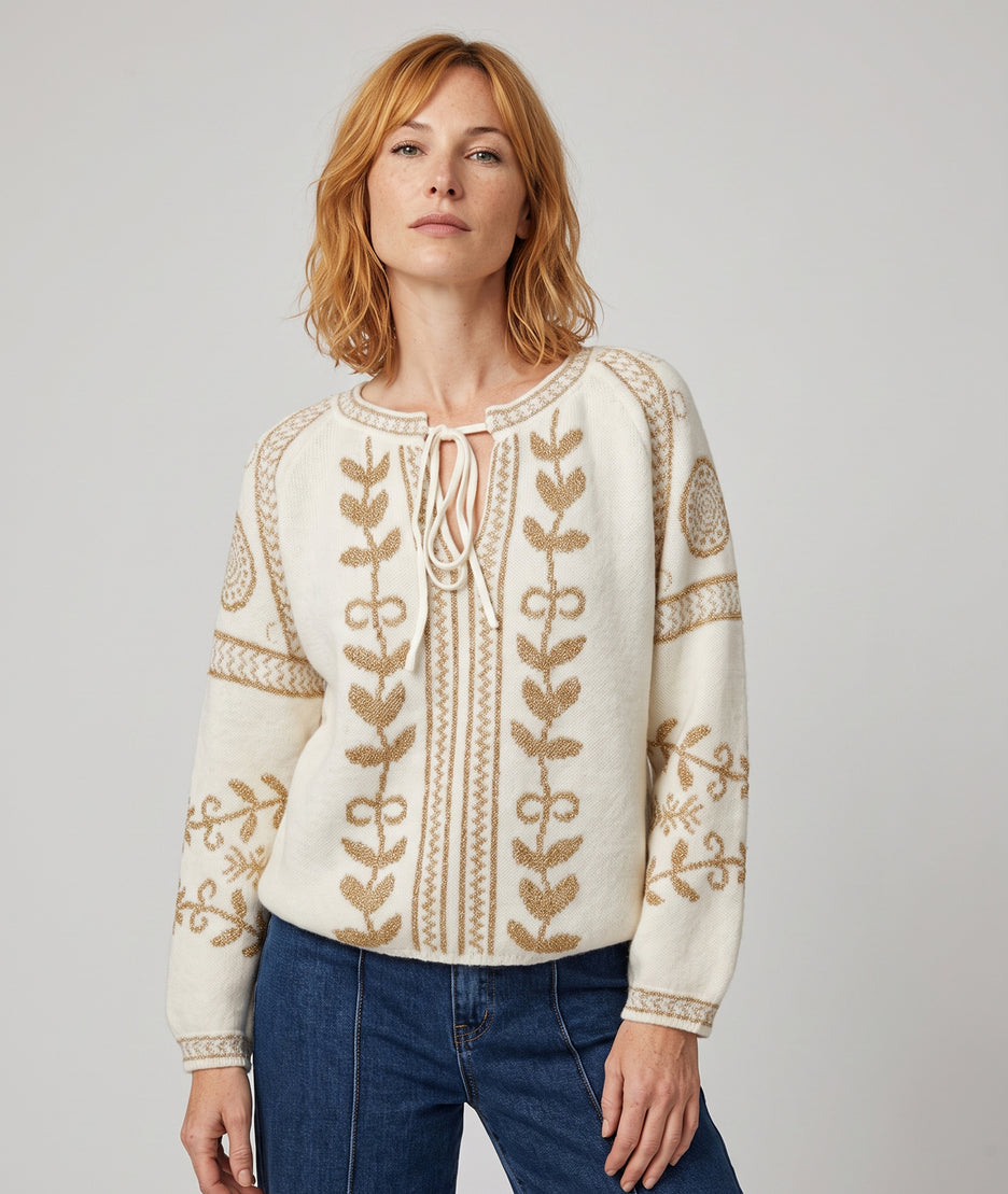Pull en maille jacquard femme Andréa beige à motifs dorés vue de face