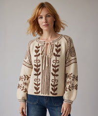Pull Andréa en maille jacquard à motifs et col à nouer - beige