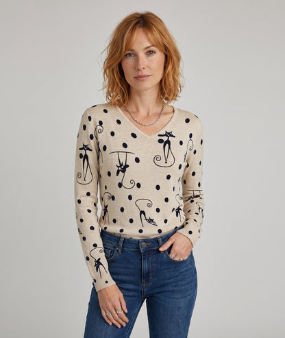 Pull femme écru à pois noirs et motifs chats