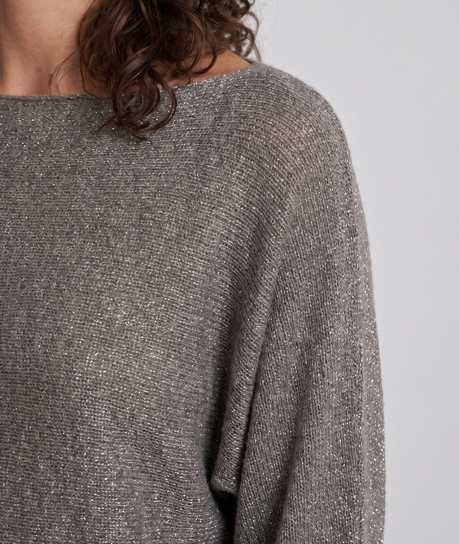 Pull femme Charp taupe ample pailleté à manches chauve-souris