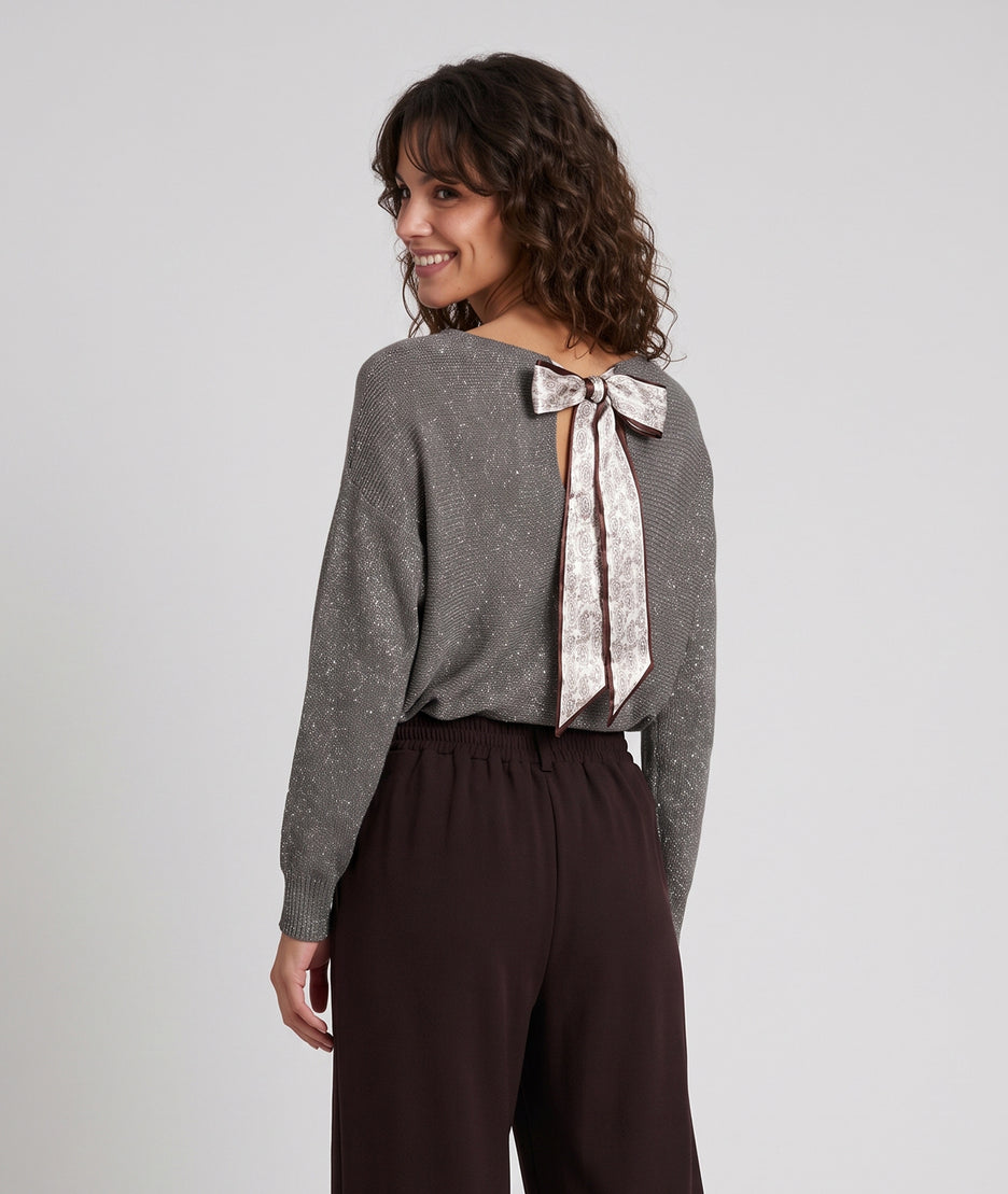 Pull femme Charp taupe ample pailleté à manches chauve-souris