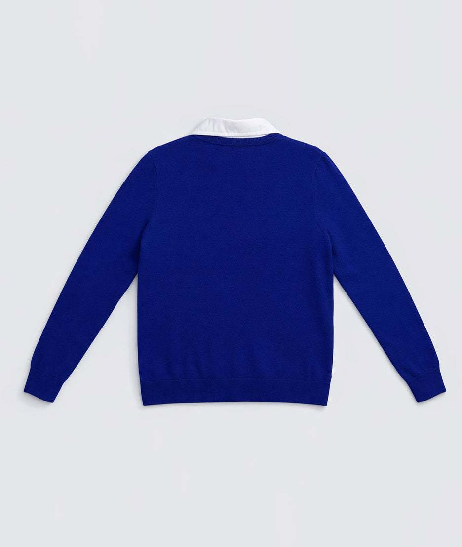 Pull à col chemise bleu roi dos