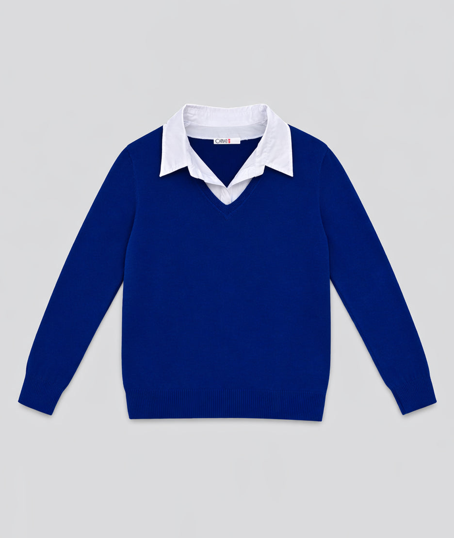 Pull à col chemise bleu roi face