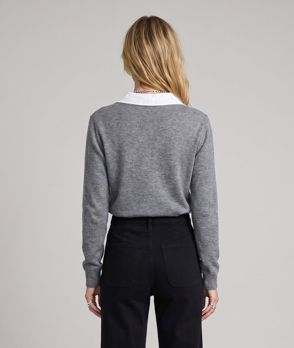 Pull col chemise femme gris à col V et manches longues