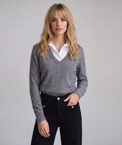 Pull col chemise femme gris à col V et manches longues