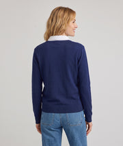 Pull col chemise femme marine à col V et manches longues