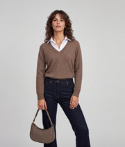 Pull col chemise femme taupe à col V et manches longues