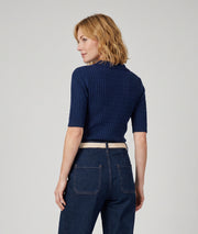 Pull Cuore marine manches courtes en maille torsadée avec broderie cœur rouge — Carnaby