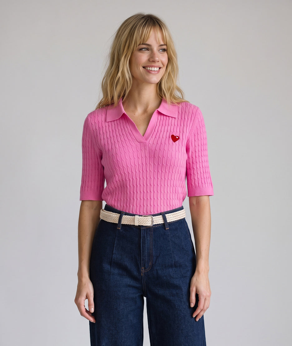 Pull Cuore rose manches courtes en maille torsadée avec broderie cœur rouge — Carnaby