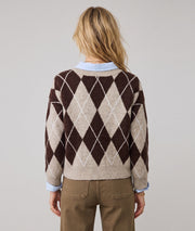 Pull en maille losange femme Esma beige et chocolat motif argyle col rond manches longues
