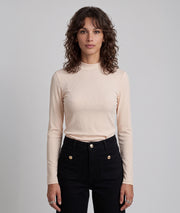 Pull fin femme beige en maille côtelée à col cheminée face avant