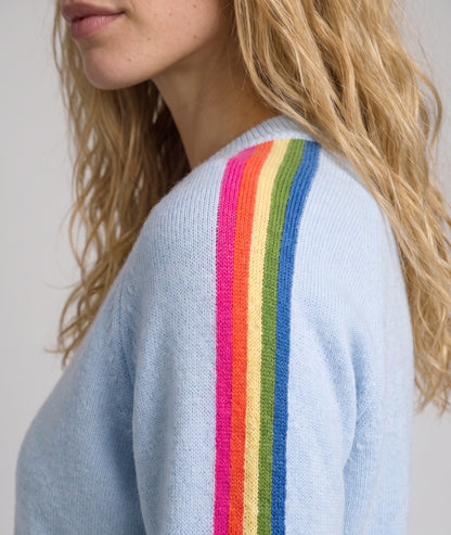 Pull à rayures femme bleu ciel en maille fine col V
