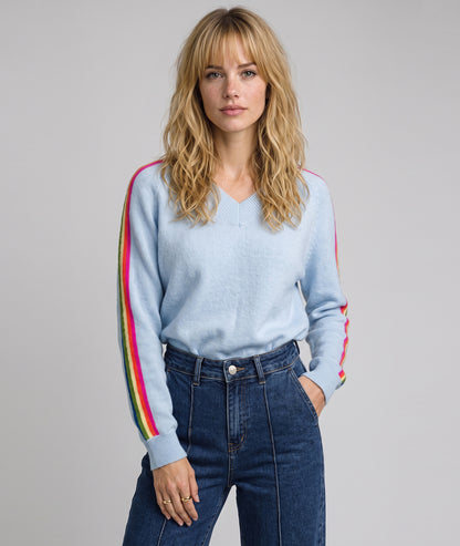 Pull à rayures femme bleu ciel en maille fine col V