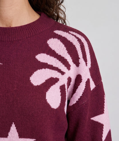 Pull en maille femme bordeaux et blanc à motifs fantaisie