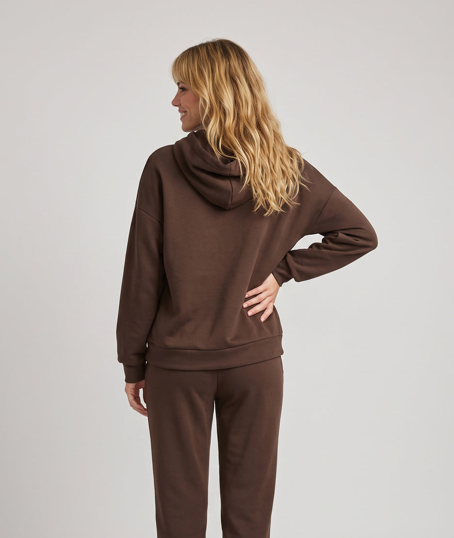 Sweat femme Marion marron oversize à capuche avec liens fantaisie et manches longues