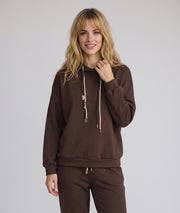 Sweat femme Marion marron oversize à capuche avec liens fantaisie et manches longues