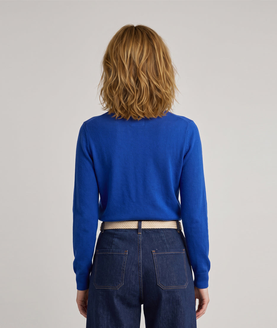 Pull col V femme bleu roi Miulo en maille fine avec broche en strass
