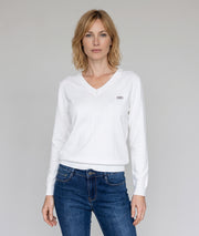 Pull col V femme écru Miulo en maille fine avec broche en strass