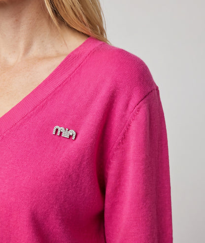 Pull manches longues femme fushia maille fine avec broche strass amovible