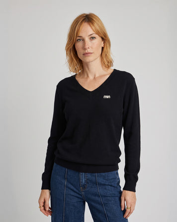 Pull col V femme noir Miulo en maille fine avec broche en strass