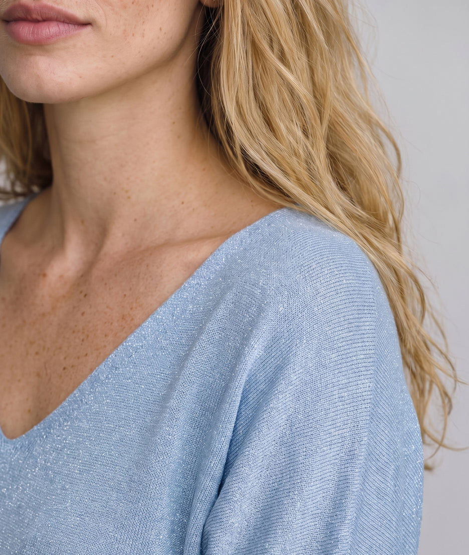 Pull femme Modali ciel brillant en maille fine avec col V et manches mi-longues