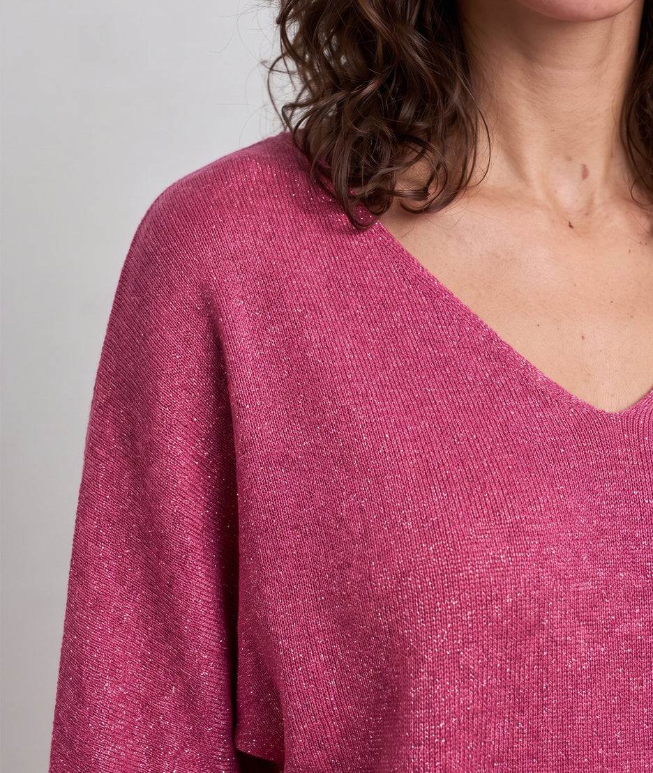 Pull femme Modali fushia brillant en maille fine avec col V et manches mi-longues