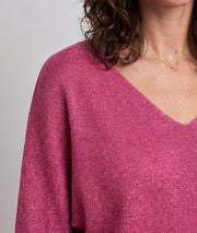 Pull femme Modali fushia brillant en maille fine avec col V et manches mi-longues